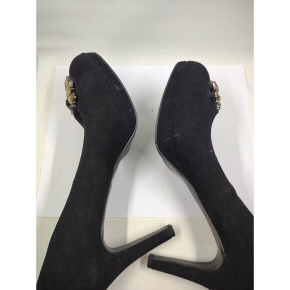 Tahari Lina Black Suede Leather High Heel Almond Toe Platform Pumps Women's Sz 9 - Picture 9 of 9
